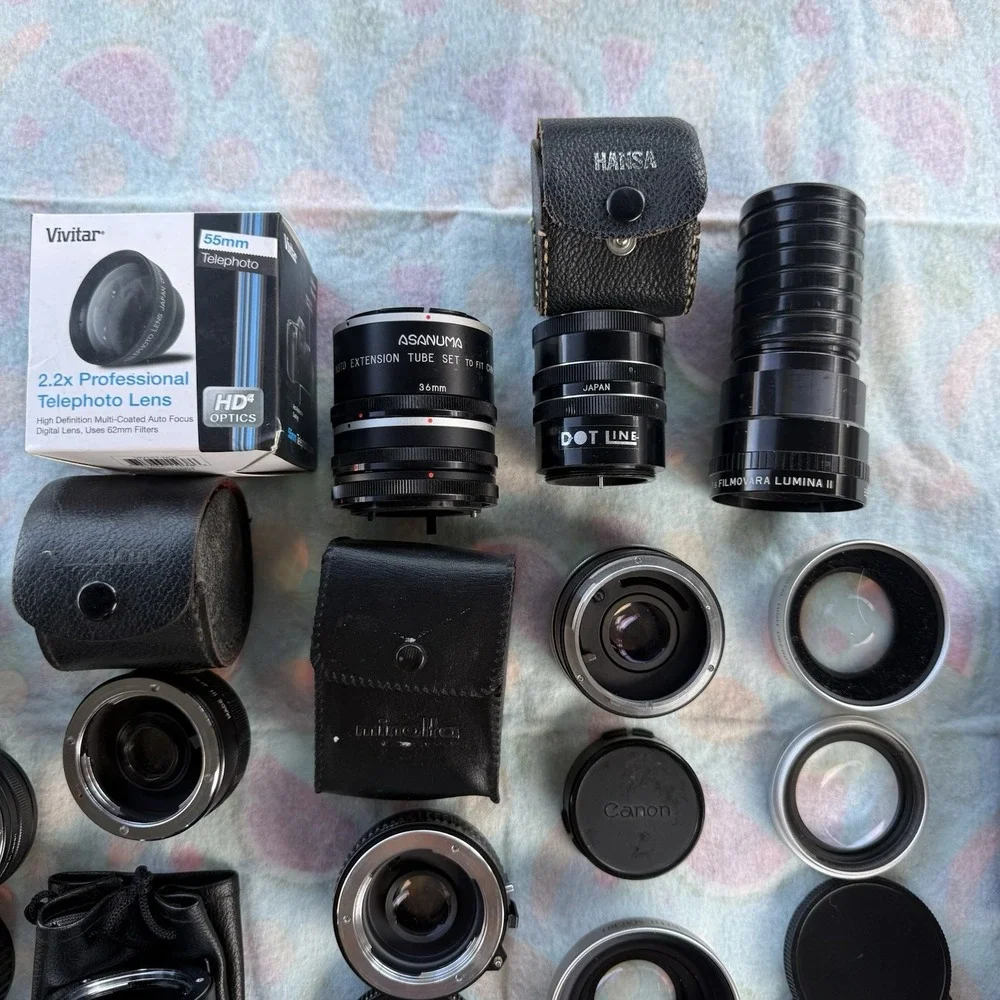 100+ Piece Lot of Camera Lenses,Filters,Extensions, Accessories & Flash-Untested